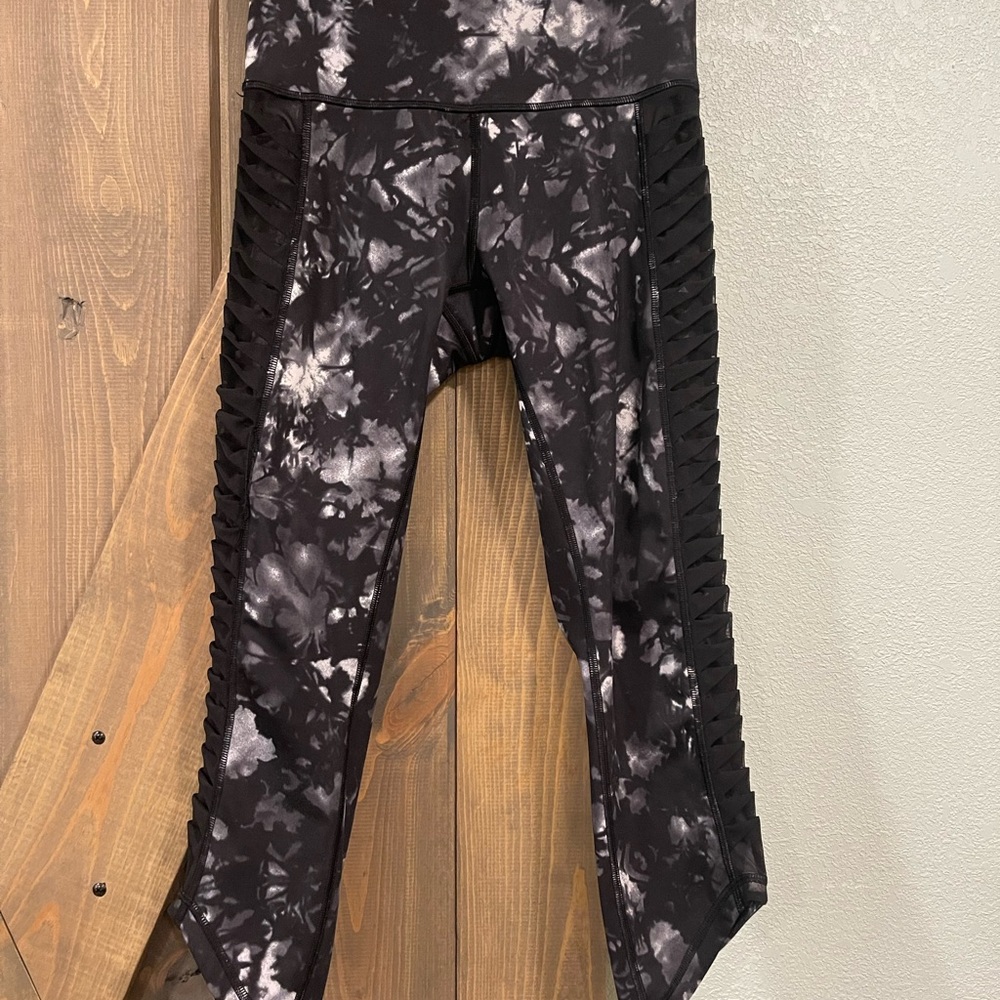 lululemon athletica Black & White Tie-Dye Leggings with Side Lattice Detail